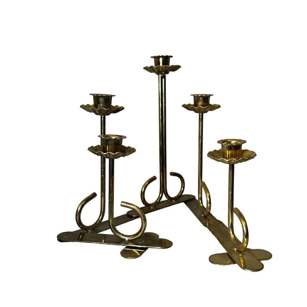 Vintage Jointed‎ Folding Brass Alloy 5 Candle Candelabra Candlesticks Ruffled